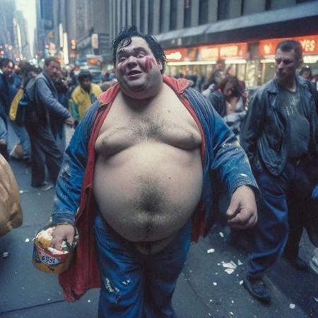 A documentary mid-closeup photograph , An overweight drunk, disheveled Superman, and a drunk, overweight Wonder Woman, and Mister Mxyzptlk, on crowded NYC street. cheap, worn out, poorly made, dirty, torn costumes, cinematic still, Leica M3, Kodachrome, 50mm lens, 1970s street photography