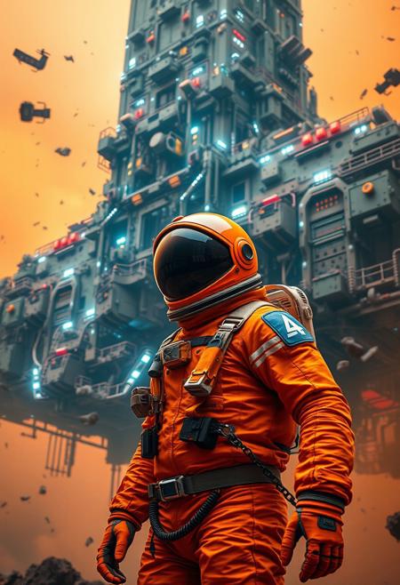 A cinematic shot of an astronaut in a vibrant orange spacesuit standing in the foreground, with a massive, intricate space station or spacecraft as the backdrop. The space station is adorned with numerous lights, windows, and technical details. The astronaut's suit is equipped with various gadgets and patches. The atmosphere is filled with floating debris and a hazy orange hue, suggesting either a celestial event or a post-apocalyptic setting.