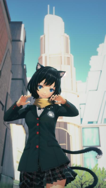 masterpiece, best quality, highres, portrait of morgana, (5 fingers:1.5), 1girl, (cowboy shot), blue sky, park, (model pose), (smile), (morgana), cat ears, (cat tail:1.2), skirt, socks, kneehighs, pleated skirt, school uniform, jacket , pleated skirt, blazer, yellow_scarf (shuujin academy uniform), <lora:girl_morgana_v1:0.8>, <lora:personaCatherineSoejima_1:0.5> soejima shigenori, (persona 5:0.5)