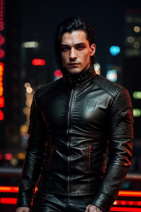 Cyberpunk Movie Style,Extraordinary existence,Night Hag, extremely detailed, wind, Male, age 30, European, black hair, unnatural glowing red eyes,
 photo of perfecteyes eyes, perfecteyes eyes <lora:muscle_slider_v1:1> <lora:detail_slider_v4:2>  <lora:skin_slider_v2_1_FACE:0.7> <lora:skin_tone_slider_v1:0.6> <lora:epiCRealismHelper:0.7>, wearing leather clothes, short hair,