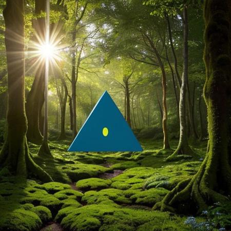 A hyper-realistic painting featuring a three-dimensional blue triangle with human eyes and a mouth, clearly expressing an emotion such as sadness or joy. The triangle should have realistic textures and lighting, making it appear as part of the physical world. It is set in a lush, vibrant forest at dawn, with sunlight filtering through dense foliage, illuminating the moss-covered ground and small wildflowers. Birds and woodland creatures add life to the serene setting. The triangle should blend seamlessly into the environment despite its surreal form, creating a striking contrast between the natural beauty of the forest and the lifelike, anthropomorphic triangle