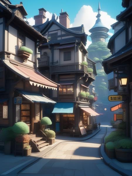 best quality, masterpiece, highres, Ghibli, cartoon style, sfw, Game Scene Mood Map, Unreal Engine, Toon Rendering, city, ink scenery,Shopping Street,avatar cute,3d style