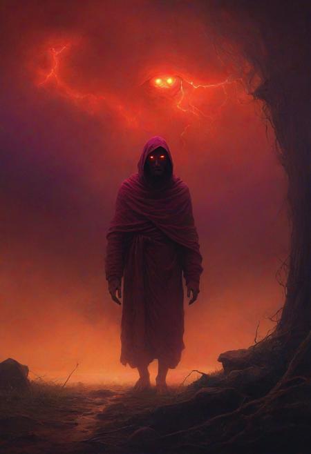 digital artwork by Beksinski, vibrant colors, red theme, purple theme, night, monk, glowing eyes, thunderstorm