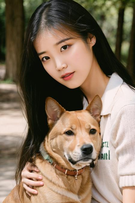 photo, iulora, (high detailed skin), posing with a dog, closeup, sharp jawline, outdoors, sunny, 8k uhd, dslr, bright lighting, high quality, film grain, Fujifilm XT3