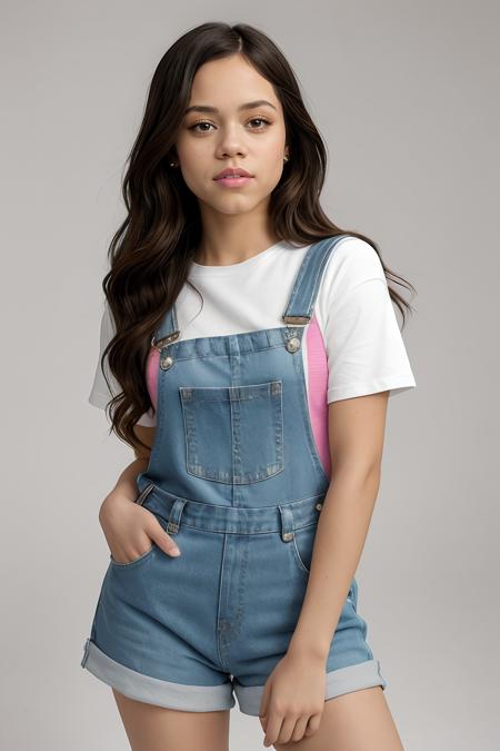 jenna ortega, long hair, 
pink overalls, studs, white shirt, sneakers, detailed skin, 
medium shot, upper body, simple solid background, portrait, realistic, closeup,
 <lora:Jenna_Ortega_V1:0.5>, <lora:breastsizeslideroffset:-0.6>