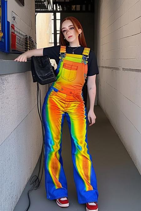 <lora:detail_slider_v4:1> <lora:Fr3ckles:0.75> Fr3ckles, ginger hair, long hair, geen eyes, freckles, 1girl, th3rm4l, full body, overalls, Infrared pants, <lora:th3rm4l:0.75> mechanic, workshop background,