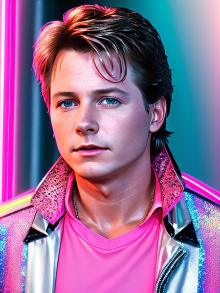 photo of (MartyMcFly:0.99) (Wearing a neon pink shirt with a silver metallic vest and a holographic jacket:1.4), detailed face, realistic skin, high quality, (bluegrey eyes:1.1), Leica 50mm, f1. 4, natural light, grainy, (high detailed skin:1.2), high detail