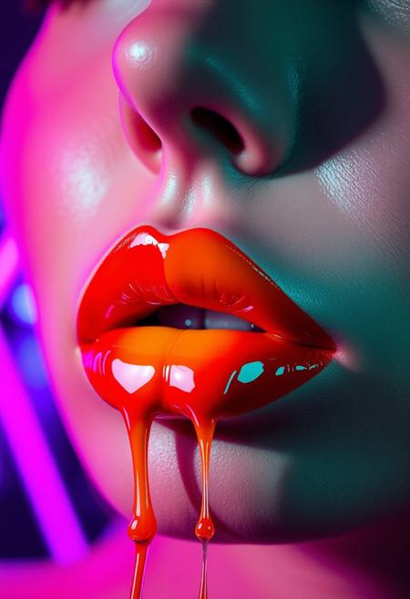 A high-resolution image of a woman’s lips, painted with a bold gradient blend of red and yellow, merging smoothly to create a striking contrast. The lips are glossy and reflective, catching light from neon-colored spotlights in the background—deep purples, blues, and pinks—enhancing their shine. A few thin streams of paint drip delicately from the lips, adding a dynamic element. The overall effect is sleek and futuristic, with the subtle reflections on the glossy surface contributing to the intensity of the image