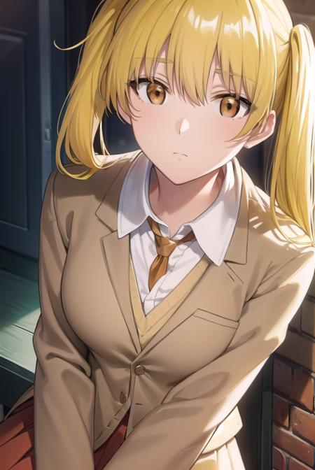 erisawachika, <lora:eri sawachika s2-lora-nochekaiser:1>,
eri sawachika, medium hair, (yellow hair:1.5), twintails, (brown eyes:1.5),
BREAK skirt, long sleeves, school uniform, pleated skirt, red skirt, shirt, collared shirt, white shirt, blazer, (light brown blazer:1.5), neckerchief, red neckerchief,
BREAK indoors, classroom,
BREAK looking at viewer, (cowboy shot:1.5),
BREAK <lyco:GoodHands-beta2:1>, (masterpiece:1.2), best quality, high resolution, unity 8k wallpaper, (illustration:0.8), (beautiful detailed eyes:1.6), extremely detailed face, perfect lighting, extremely detailed CG, (perfect hands, perfect anatomy),