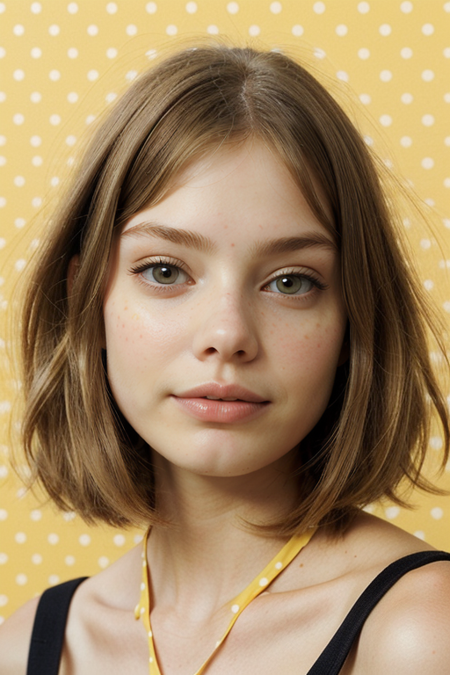 KristineFroseth, razored combover bob haircut, ((slim, fit, lanky, coltish:1.4)), yellow polka dot dress, spaghetti straps, looking at viewer, Hasselblad H6D, portrait, natural lighting, oiled skin, perfect eye blush, slightly open mouth, long eye lashes, <lora:epiCRealismHelper:0.2>, <lora:hairdetailer:0.3>, ((yellow polka dot backdrop:1.3)), detailed skin texture, (blush:0.5), (goosebumps:0.5), subsurface scattering, RAW candid cinema, 16mm, color graded portra 400 film, remarkable color, ultra realistic, textured skin, remarkable detailed pupils, realistic dull skin noise, visible skin detail, skin fuzz, dry skin, shot with cinematic camera