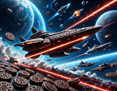 digital painting art style of space battle, many space battleships, ships made of cookies, milk explosions, red lasers, fantasy video game concept art style, dynamic and richly detailed composition, vibrant colors, action-packed scene, emphasizes dramatic poses and expressive faces, immersive environments with fantasy backgrounds, designed to draw viewers into fantastical worlds, typical for character and environment designs in video games, made of creamy cookies SDXLposXL,