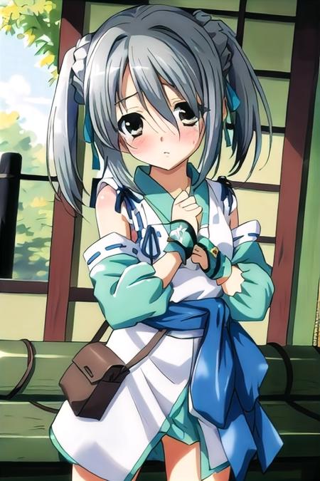 1girl, masterpiece, best quality, absurdres, cute, extremely detailed face, perfect lighting, blush, japanese room, <lora:takenaka_hanbee-000080:0.8>, takenaka hanbee, twintails, hair ribbon, detached sleeves, japanese clothes, fingerless gloves, bag, obi