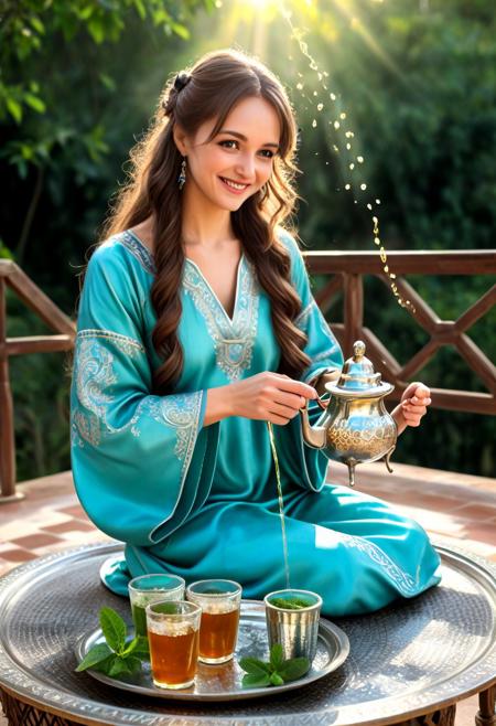 (anime coloring, anime screencap), KanzakiaoiTB, Atai, lazyup, 
terrace with mosaic floor, brass tea table, carved wooden screen, mint leaves on tray  
sunlight rays, warm light, soft steam haze  
frontal angle, mid-shot, shallow depth of field, focus on tea pot  
kneeling pose, pouring tea from silver pot, gentle smile  
slim, long hair, brown hair, blue eyes, ahoge  
embroidered kaftan, flowing sleeves, green silk, silver trims  
glass tea cups, steam curls, swirling particles, floating mint leaves