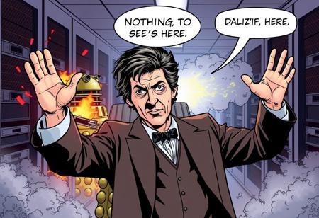 In the foreground, David John Tennant as Doctor Who waves his arms to attract attention and says "nothing to see here", behind him a burning Dalek drives, in the background, server racks smoke and spark. Inner server room. Comic style.