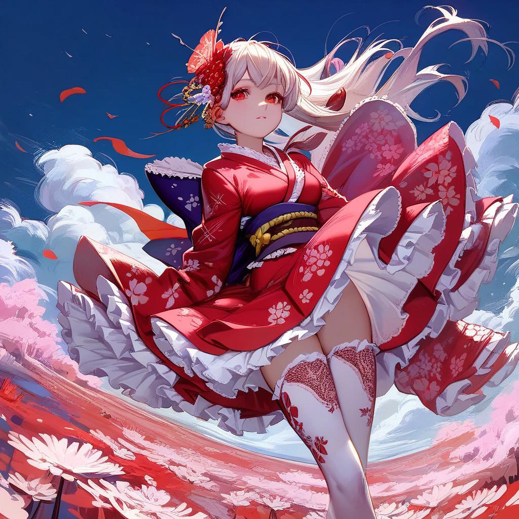 (score_9, score_8_up, score_7_up),  thighhighs, floral print, hair ornament, kimono skirt, red kimono, frill, lace bow, floating hair, frill, layered dress