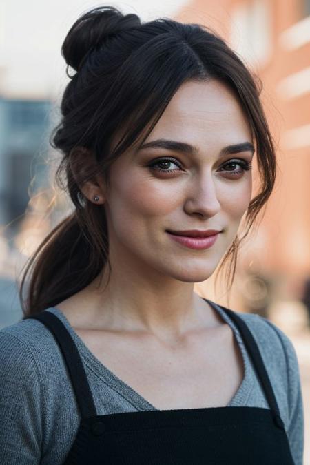 Photography of a classy woman's face,
dslr photo,
32k,
very sharp,
realistic,
highly-detailed-skin,
her hair is brown and short like she has the eerie glow that makes it feel like Keira Knightley when she was 18 years old,
to otherworldly beauty in a dense urban setting setting against the soft light on their lips by jeremy mann,
smiling proudly,
hair in a tight bun,
8K resolution, 
high detail, ultra-high
