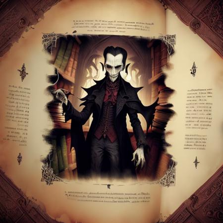 <lora:cTtome:1> cttome page illustration of a vampire in a library