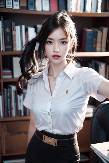 (photorealistic:1.4),Best quality, masterpiece, ultra high res,looking at viewer,libary background
,(ํ1girl),(white shirt short sleeves),((black pencil skirt)),belt,pose in libary,dynamic pose
, <lora:mahalaiuniform-000001:0.8> <lora:mixfaceL2-000001:0.8>