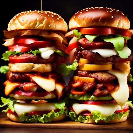 photo (QuadBurger style:1) a couple of hamburgers sitting next to each other <lora:djzQuadBurgerV21:1>