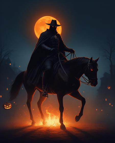 silhouette of a headless horseman in the city of Tristram, Diablo, glowing jack-o-lantern, t-shirt design, dark magic splash, gothic, Halloween, burnt orange gradient, magic, nature, clean background, magic splash, 3D vector art, fantasy art, watercolor effect, bokeh, Adobe Illustrator, hand-drawn, digital painting, soft lighting, isometric style, retro aesthetic, 4K resolution, using Cinema 4D, natural lighting, cinematic, masterpiece, highly detailed, intricate, extreme textures, horror, terrifying, creepy, Scary