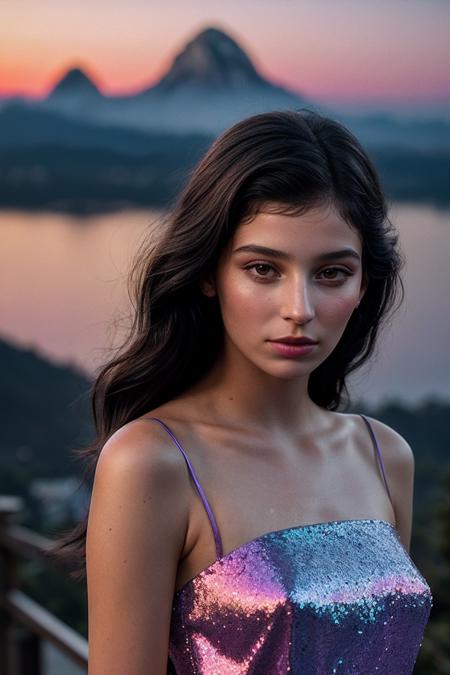 GaiaG_SoloTI_v1,
(In a celestial-inspired gown, shimmering with iridescent sequins, evoking a sense of otherworldly beauty),
(A secluded mountain peak at dusk, with the last rays of sunlight painting the sky in hues of orange and purple, a mystical aura:1.3),
(seductive:1.3),(analog, cinematic, film grain, hazy atmosphere, cinematic shot:1.3), 
<lora:add_detail:0.6>,<lora:LowRa:0>, PA7_Portrait-MCU,