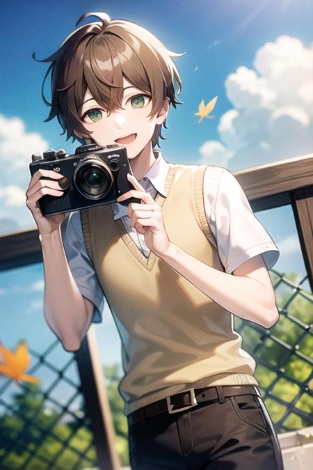 <lora:Ain-05:0.5> , ain, solo, looking at viewer, smile, short hair, open mouth, brown hair, shirt, 1boy, hat, holding, hair between eyes, green eyes, white shirt, :d, male focus, outdoors, sky, day, collared shirt, belt, pants, cloud, sweater vest, fence, camera, brown headwear, brown pants, falling leaves, holding camera