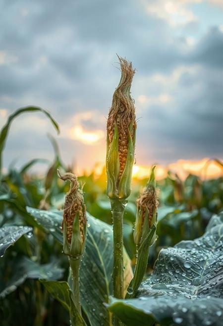 a bunch of milpa plants, with water droplets on them, milpa dripping, a Gaint milpa planting system, corn, bushes of squash, beans, wearing a milpa, milpa dripping juice, milpa, milpa wall, “milpa, rainy background, raindrops, wild milpa plants, beautiful art uhd 4 k, clear liquid and snow, nature wallpaper, gems and diamond for milpa plants, rain drops, 32k, rain drops, sun shining behind the glowing clouds,