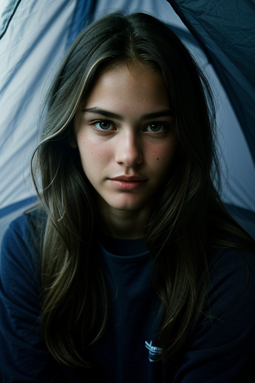 AnouskaLundquist, portrait, photography by (Jeanloup Sieff:1.3), ((sitting inside camping tent, flashlight glow, fleece to...