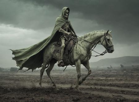 (rusted_scythe:1.3),(very long pale green cape in the wind:1.6),(tattered_garments:1.5),(skeletal_rider:1.5),horseman,(hood:1.2),(pale_emaciated_green_horse:1.1),(wind:1.3),(bones:1.2),apocalypse,smoke,black rain,desolate_landscape,dark_sky,ominous,decay,cracked_ground,barren,lifeless,
<lora:add_detail:0.8>,