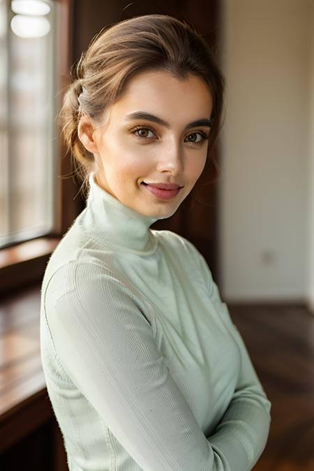 Photo of 25 years old woman lidiasav, fashion model, wearing turtleneck long sleeve top, eye contact, hypnotic, smile, updo hair, no makeup, bokeh, sunlight, room background