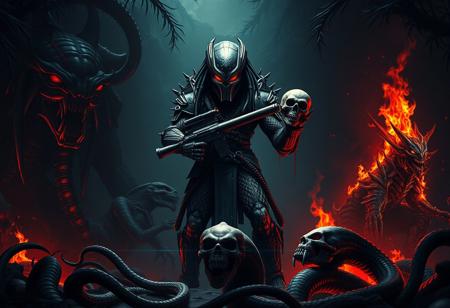 A fearsome grimdark warrior in intricate biomechanical armor inspired by Predator, stands center in a dense, shadowed alien jungle. It holds a plasma weapon and a bloody skull trophy. To the left, a looming twin-headed monster. To the right, a pile of fiery skulls. In front, a venomous serpent deity. Dramatic chiaroscuro lighting, volumetric atmosphere, central focus, Golden Ratio composition. Grimdark fantasy horror, Splash Ink Illustration, Octane Render, Unreal Engine 5. High detail, 8k UHD, trending on Artstation.