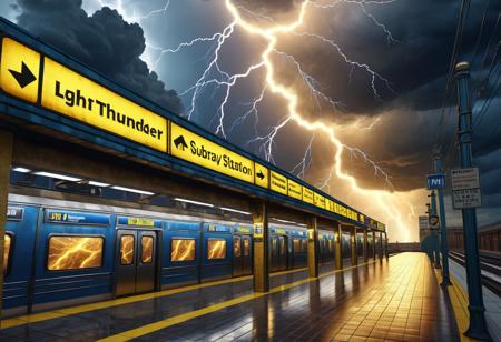 billboard sign, made of blue and yellow lightning thunder trails, lthndrtrl, subway station, stormy sky background, best quality, vibrant colors, photorealistic style, high detail, hyper-realistic, highres, 4K resolution, realistic photo, masterpiece, ultra-detailed, lthndrtrl, golden yellow tones, electric glow, medium shot, <lora:lightning_thunder_V1.1:0.3>