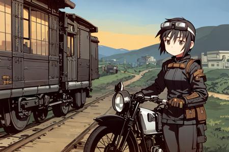 1girl, goggles, short hair, brown hair, railroad tracks, motorcycle,