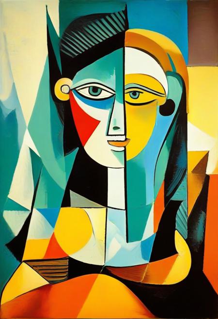masterpiece, best quality, illustration, style of Pablo Picasso, cubist, complementary colors, abstract landscape,