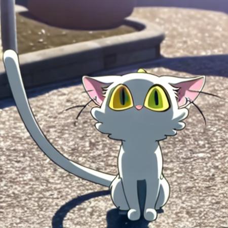 <lora:suzume:1>, 1cat, squatting, standing on a sidewalk, naive, tail up, on the street