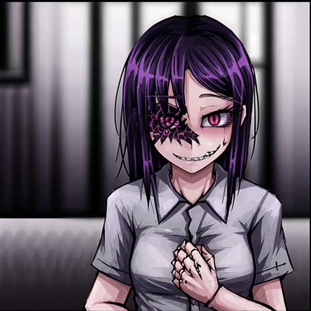 ageha face closeup, (extremly detailed hair), touching her hair, happy, smiling, face focus, monstergirl, by Ray-kbys, (unusual eye, asymmetrical eyes, extra pupils:1.4), sharp teeth, purple hair, ageha near window, sunlight, window in background,