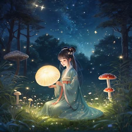 star,starlight,forest,1girl,grass,mushroom,squirmle,nights,surrounded by shining stars,best quality,masterpiece,illustratio,1girl, hanfu <lora:tangStyle_sdxl_autodl_v11:0.5>