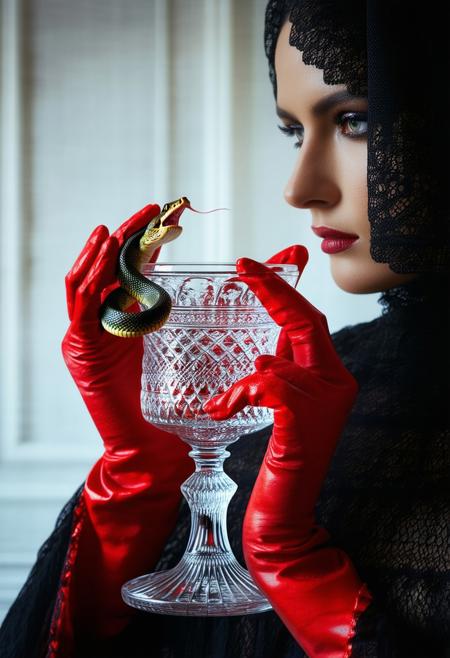 A surreal close-up of gloved red hands holding a snake and a glass chalice, the serpent poised to pour venom into the glass. High-contrast cinematic lighting, surreal symbolism, dark luxury, baroque surrealist fashion, modern occult ritual, reflective glass and dramatic shadows.
<lora:FLUX-daubrez-DB4RZ-v2:0.55> <lora:Sinfully_Stylish_.02_for_FLUX:0.35> <lora:dystopia:0.6>