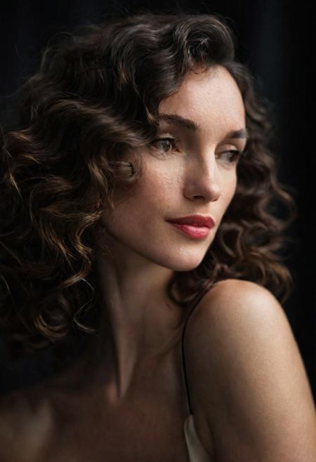 A woman with wavy, shoulder-length hair poses elegantly, partially covering her bare chest with one arm. She gazes thoughtfully into the distance, her lips slightly parted. Soft, natural lighting highlights her smooth skin and delicate features, while a dark, blurred background adds depth to the composition.