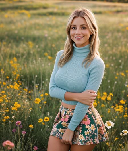 <m1sw1l>,   ((nature, Flowers, Grass, Colorful background)), (close portrait photo), Spectacular light, 8k, soft lighting, high quality, breast, large breast, top, Mini-skirt, upper body, Turtleneck, smile