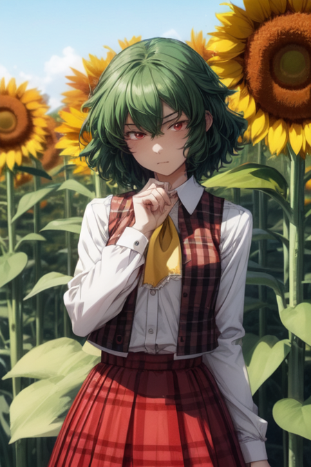 1girl Yuuka_Kazami Touhou_Project short green hair red eyes white buttoned shirt long white sleeves red plaid vest red plaid skirt medium sized breasts yellow neckerchief