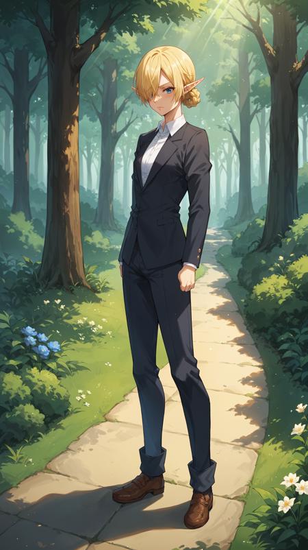 blonde hair hair up braids pointy ears elf ears hair over one eye blue eyes white collared shirt black suit suit jacket suit pants