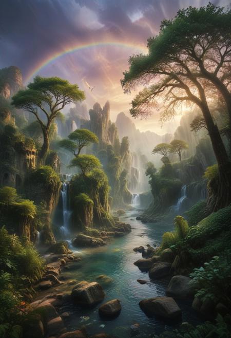 In this fairy tale-inspired landscape rendered in stained glass style, envision majestic mountains rising like enchanted castles into the pastel-hued sky, their peaks crowned with glistening snow that sparkles like diamonds in the morning light. A crystal-clear river meanders through the valley, its waters imbued with a magical iridescence that reflects the colors of the sky and the lush greenery of the ancient trees lining its banks. Wisps of ethereal mist dance among the trees, weaving spells of enchantment throughout the landscape. Birds with rainbow-colored plumage flit between branches, their melodic songs adding to the enchantment of the scene. In the distance, a cascading waterfall tumbles from a sheer cliff, its crystalline waters forming a rainbow bridge that arcs across the river. This fantastical panorama, with its vibrant colors and whimsical details, transports viewers to a world of wonder and imagination, where every corner holds the promise of adventure and magic.