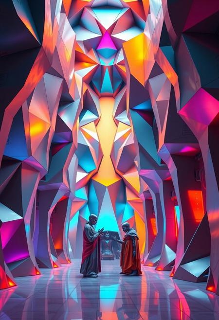 robot monastery, vibrant geometric forms, sharp and angular architecture, interlocking polygonal structures, multichromatic hues reflecting on metallic surfaces, exaggerated robotic monks, recursive shapes in the building design, intricate fractal patterns in the walls and pillars, glowing energy lines running through the structures, saturated colors of silver, blue, and orange, brutalist architecture with flowing yet rigid surfaces, stark lighting illuminating the monastery, dystopian vibe, sculptural robotic figures in prayer, minimal organic details, photorealism, high resolution, (emphasis on sharp geometric monastery and robotic forms:1.6), intersecting planes of metal and circuitry, fractured geometric walls, rigid forms, unsettling atmosphere, (blurry:-1.2), (ugly:-1.3), (polished:-1.3), (cartoonish:-1.1), (low quality:-1.2), (smooth surfaces:-1.4), (overly ornate:-1.5), (disjointed anatomy:-1.3), (noisy:-1.1), (bad composition:-1.3)