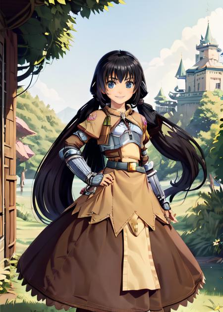 <lora:swordsmanROBetaV1:0.8>,swdro, 1girl, armor, belt, boots, dress, black hair, blue eye, (twin tails:1.2),
looking at viewer, standing, smile, detailed hand, hand on torso, 
fantasy background, forest, lake aside, sun, morning,