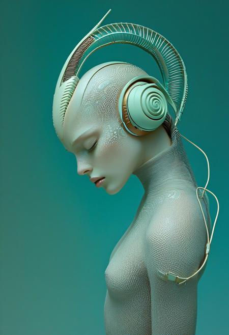 This image is a highly detailed, digital artwork in a surreal, futuristic style. The subject is a humanoid figure with an androgynous appearance, depicted in an ethereal, almost otherworldly manner. The figure has a smooth, pale skin and a slender, elongated body with a pronounced, high forehead and closed, serene eyes. The skin has a subtle, iridescent sheen, giving it an almost luminescent quality.
The figure's head is adorned with futuristic, large, spiral-shaped headphones that are integrated seamlessly into the body, blending with the skin texture. The headphones spiral around the head, with the largest spiral positioned behind the ear, suggesting a high-tech, cybernetic element. humanoid, reptilian-like, scaly, otherworldly,
A delicate, pale pink flower is situated on the right side of the head, adding a soft, natural element to the otherwise high-tech aesthetic. The figure's hair, or perhaps an extension of the headphones, is a flowing, ethereal substance that appears to be a blend of organic and mechanical textures, transitioning from a delicate, flower-like structure at the head to a more fluid, ribbon-like form that extends down the back.
The background is a gradient of soft, muted teal shades, enhancing the otherworldly, futuristic atmosphere.