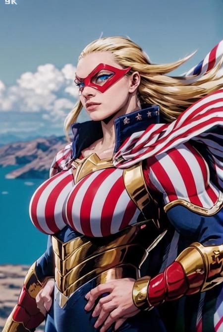 masterpiece, highly detailed skin, hdr, 8k, best quality, high quality, highres, solo, looking_at_viewer, (straight-on:1.2),
ANIME_CathleenBate_MyHero_ownwaifu, www.ownwaifu.com, 
blonde hair, long hair, breasts, blue eyes, large breasts, muscular, muscular female, floating hair, domino mask, mask, tall female, 
superhero, cape, striped, bodysuit, gloves, vertical stripes, flag print, star \(symbol\), american flag print, armor, 
<lora:ANIME_CathleenBate_MyHero_ownwaifu-15:0.8> , 
vibrant, fantasy, detailed, epic, heroic, cinematic photo undefined, 35mm photograph, film, bokeh, professional, 4k, highly detailed