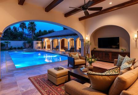 Spanish style villa interior living room view evening time,camera turn yo the left to view the pool in the villa patio