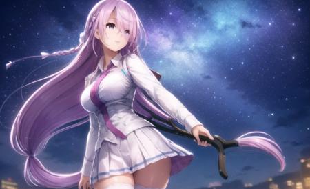 ((masterpiece)), (((best quality))), ((ultra-detailed)), ((illustration)), finely detail, extremely detailed CG unity 8k, highres, beautiful detailed eyes, finely detail, beautiful detailed eyes
1girl, solo, long hair, skirt, star (sky), very long hair, pleated skirt, starry sky, long sleeves, weapon, sky, floating hair, ribbon, miniskirt, holding, bangs, hair ribbon, shirt, night, shiny, thighhighs, white skirt, holding weapon, standing, braid, purple eyes, shiny hair, white shirt, outdoors, blurry, bow (weapon), night sky, looking back, parted lips, from behind, cowboy shot, white thighhighs, grey skirt, zettai ryouiki, hair between eyes, pink hair
 <lora:lightAndShadow_v10:0.7>