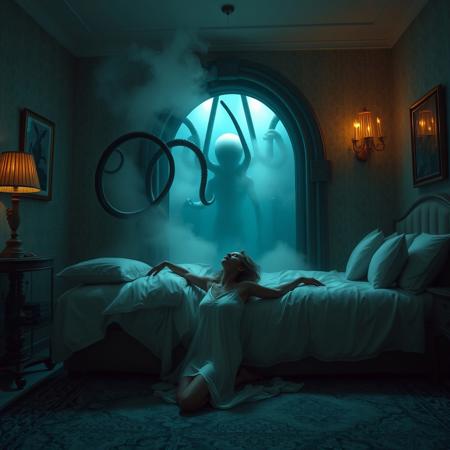 Beautiful lady kneeling in the bed,  pulled by alien long tentacles emerged from the portal  from her bedroom  bed toward giant  portal in the wall,   opened  to alien spacesip harem chamber , struggling  to break free. Fog streaming from the portal. Horrible  space alien looking at  her from portal. Rich white  transparent satin nightgown, elegant high heels, weird foil pillows,